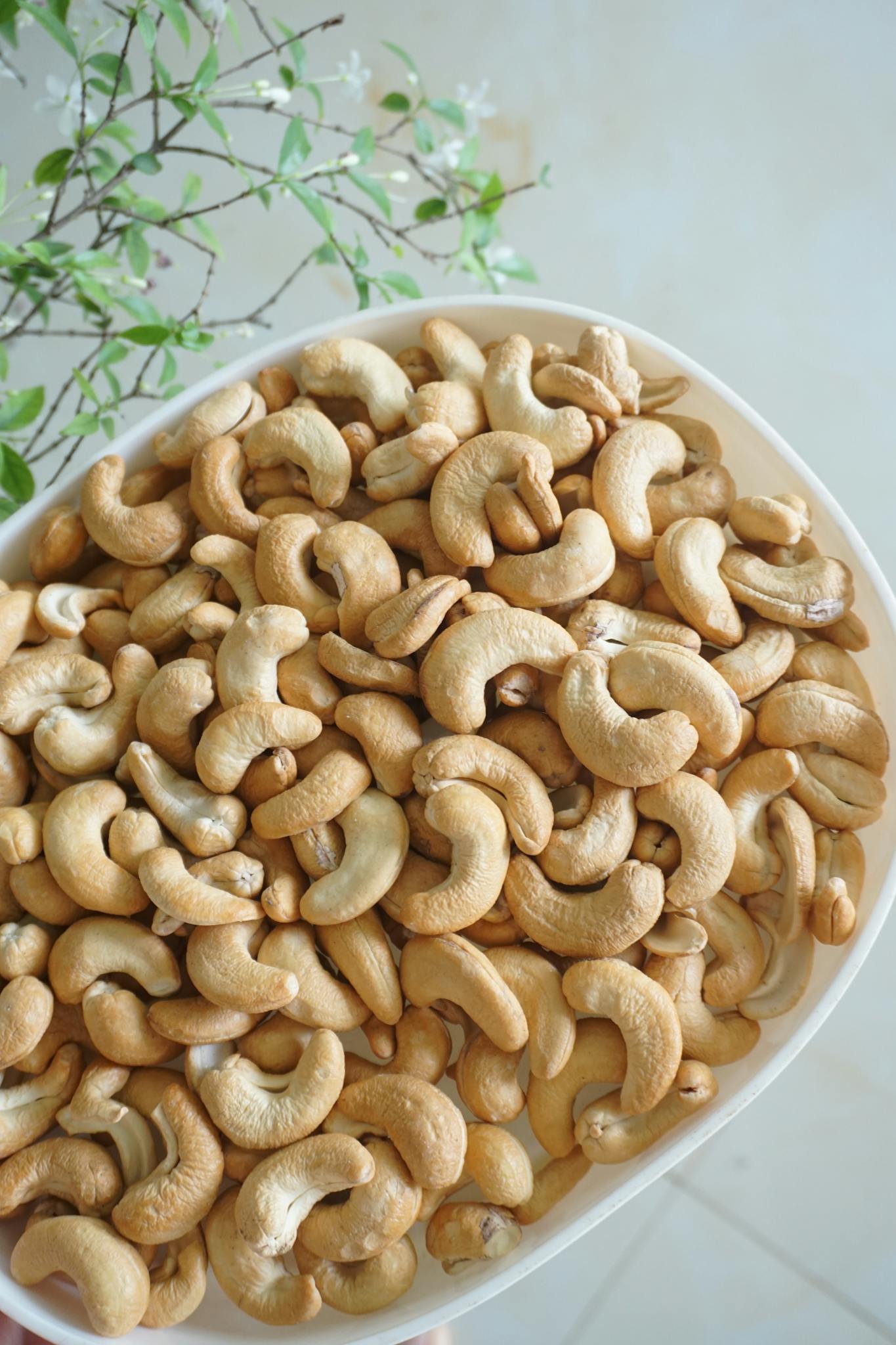 A top view of raw cashew nuts in a bowl, perfect for healthy snacking or cooking inspiration.